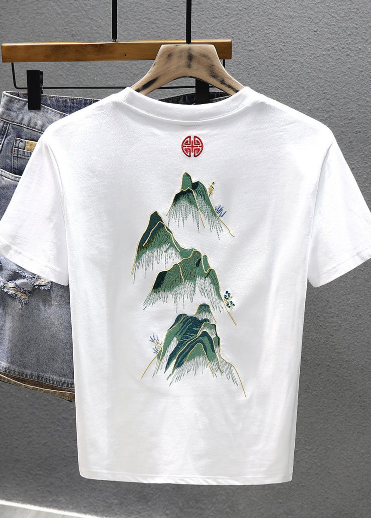 Cool White O Neck Embroideried Cotton Men T Shirts Summer