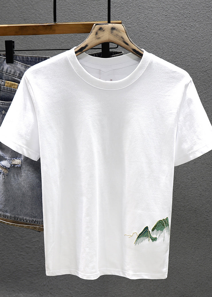 Cool White O Neck Embroideried Cotton Men T Shirts Summer