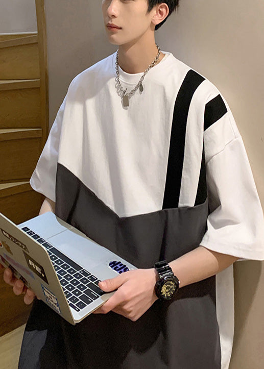 Cool White Oversized Patchwork Cotton Men Moisture Wicking Shirts Summer