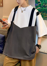 Cool White Oversized Patchwork Cotton Men Moisture Wicking Shirts Summer