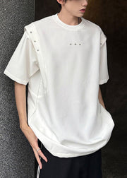 Cool White Oversized Patchwork Rivet Cotton T Shirts Summer