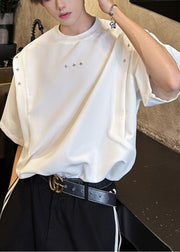 Cool White Oversized Patchwork Rivet Cotton T Shirts Summer
