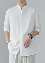 Cool White Stand Collar Solid Ice Silk Mens Shirts Half Sleeve