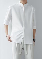 Cool White Stand Collar Solid Ice Silk Mens Shirts Half Sleeve