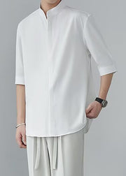 Cool White Stand Collar Solid Ice Silk Mens Shirts Half Sleeve