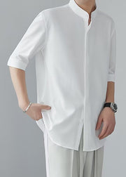 Cool White Stand Collar Solid Ice Silk Mens Shirts Half Sleeve