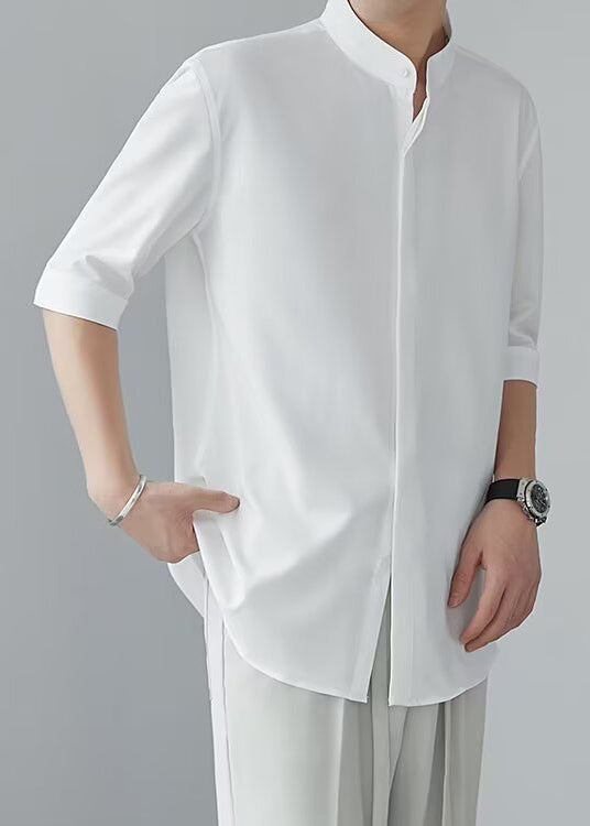 Cool White Stand Collar Solid Ice Silk Mens Shirts Half Sleeve