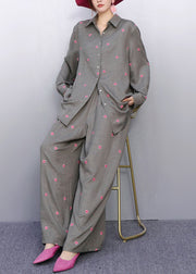 Coordinated Style Grey Two-Piece Outfit Vibrant Pink Embroidered Details