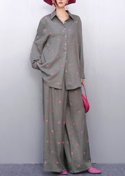 Coordinated Style Grey Two-Piece Outfit Vibrant Pink Embroidered Details