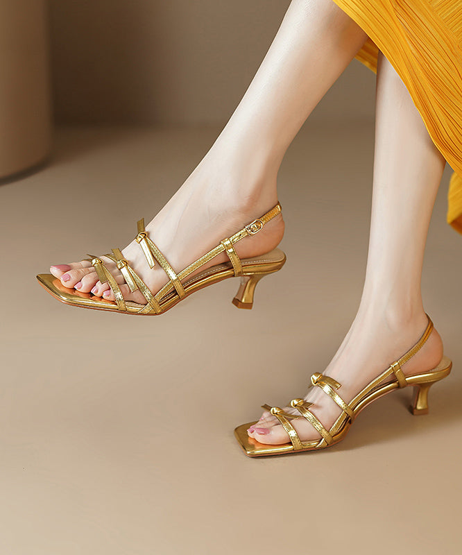 Cowhide Leather Bow Splicing French Gold Sandals Peep Toe