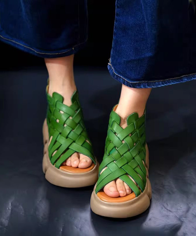 Cowhide Leather Splicing Green Hollow Out Sandals Peep Toe