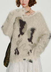 Cozy Beige Oversized Warm Fuzzy Fur Fluffy Knit Tops Winter