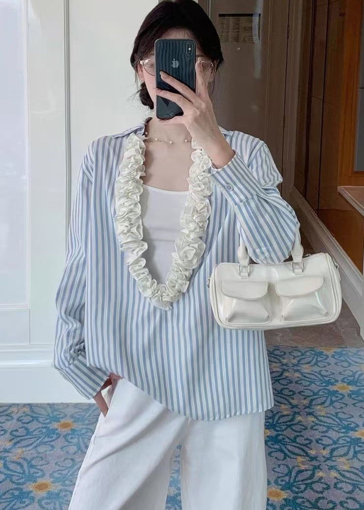 Cozy Blue Ruffled Striped Cotton Shirt Tops Fall
