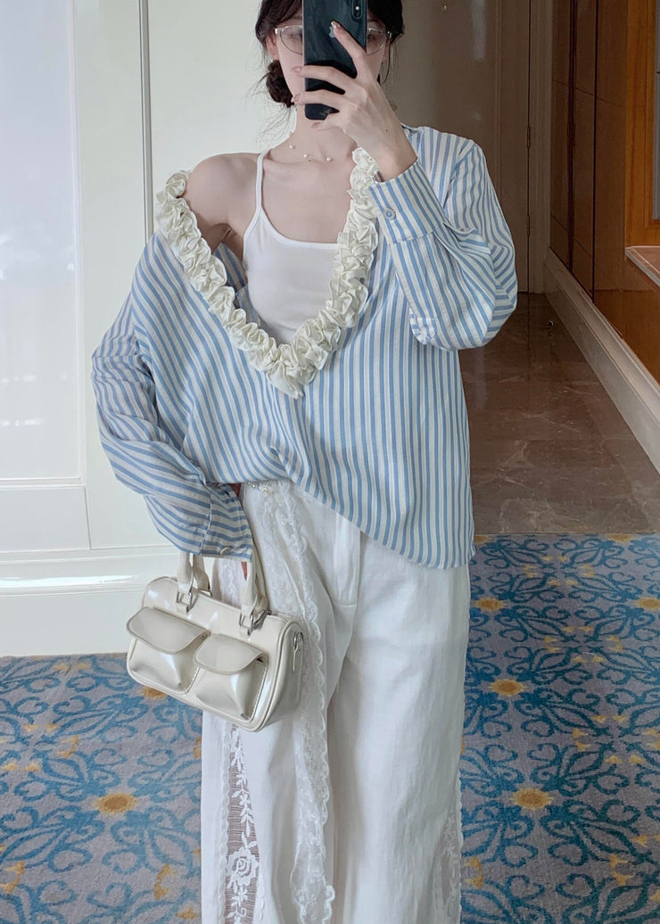 Cozy Blue Ruffled Striped Cotton Shirt Tops Fall