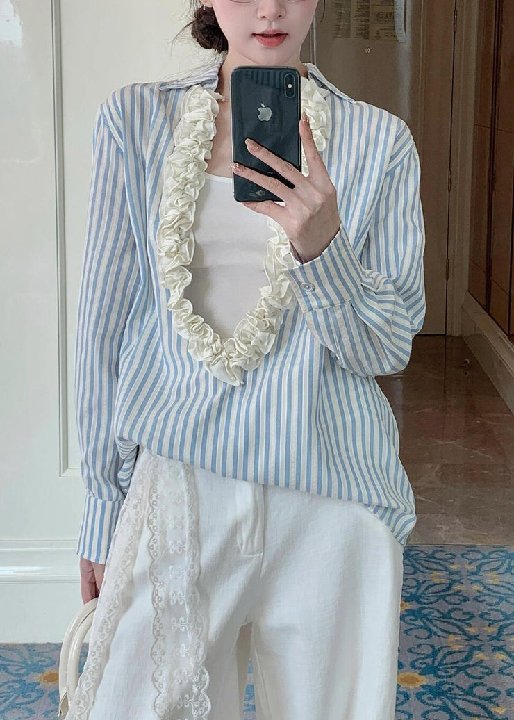 Cozy Blue Ruffled Striped Cotton Shirt Tops Fall
