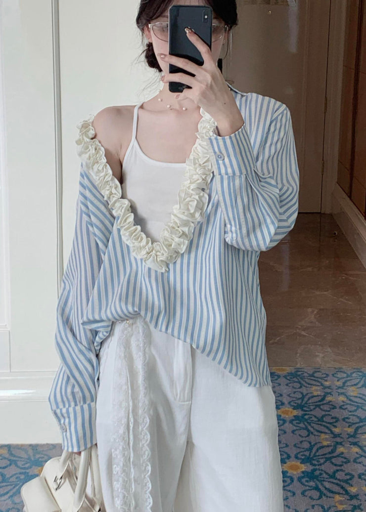 Cozy Blue Ruffled Striped Cotton Shirt Tops Fall