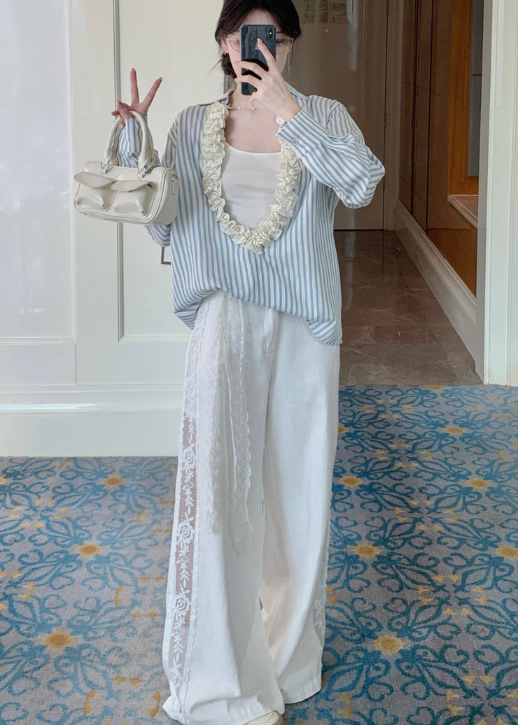 Cozy Blue Ruffled Striped Cotton Shirt Tops Fall
