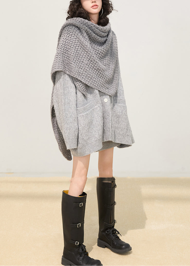 Cozy Grey Oversized Button Down Knit Cardigan Winter