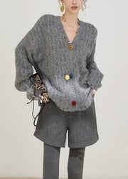 Cozy Grey Oversized Multicolour Button Knit Sweater Winter