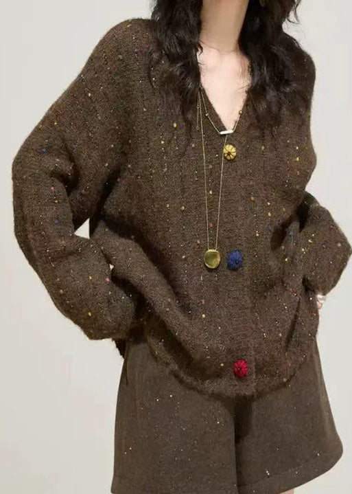 Cozy Grey Oversized Multicolour Button Knit Sweater Winter