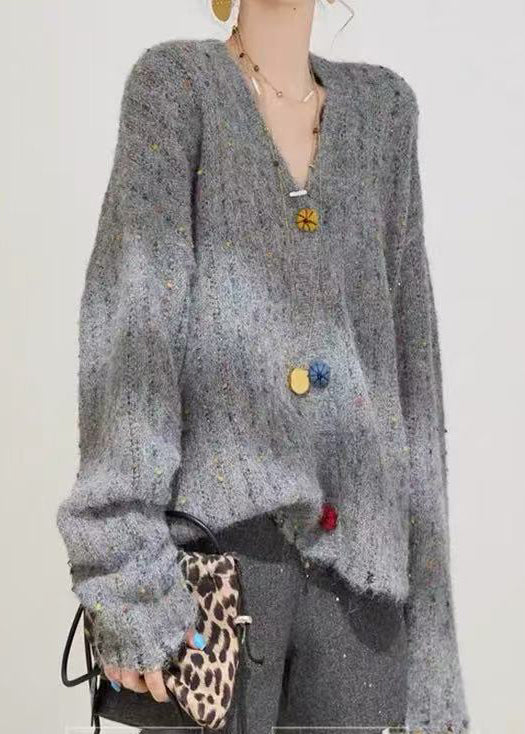 Cozy Grey Oversized Multicolour Button Knit Sweater Winter