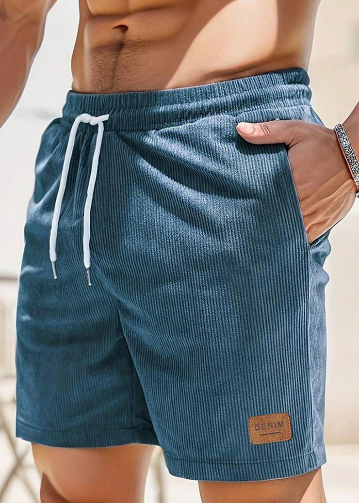 Cozy Light Khaki Pockets Lace Up Elastic Waist Corduroy Men Shorts Summer
