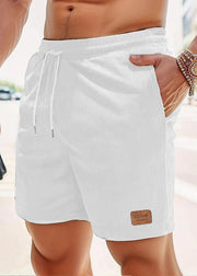Cozy Light Khaki Pockets Lace Up Elastic Waist Corduroy Men Shorts Summer