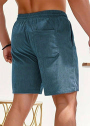 Cozy Light Khaki Pockets Lace Up Elastic Waist Corduroy Men Shorts Summer