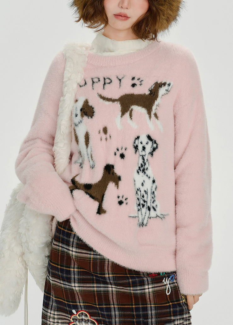 Cozy Pink Cute Puppy Jacquard Knitted Tops Winter