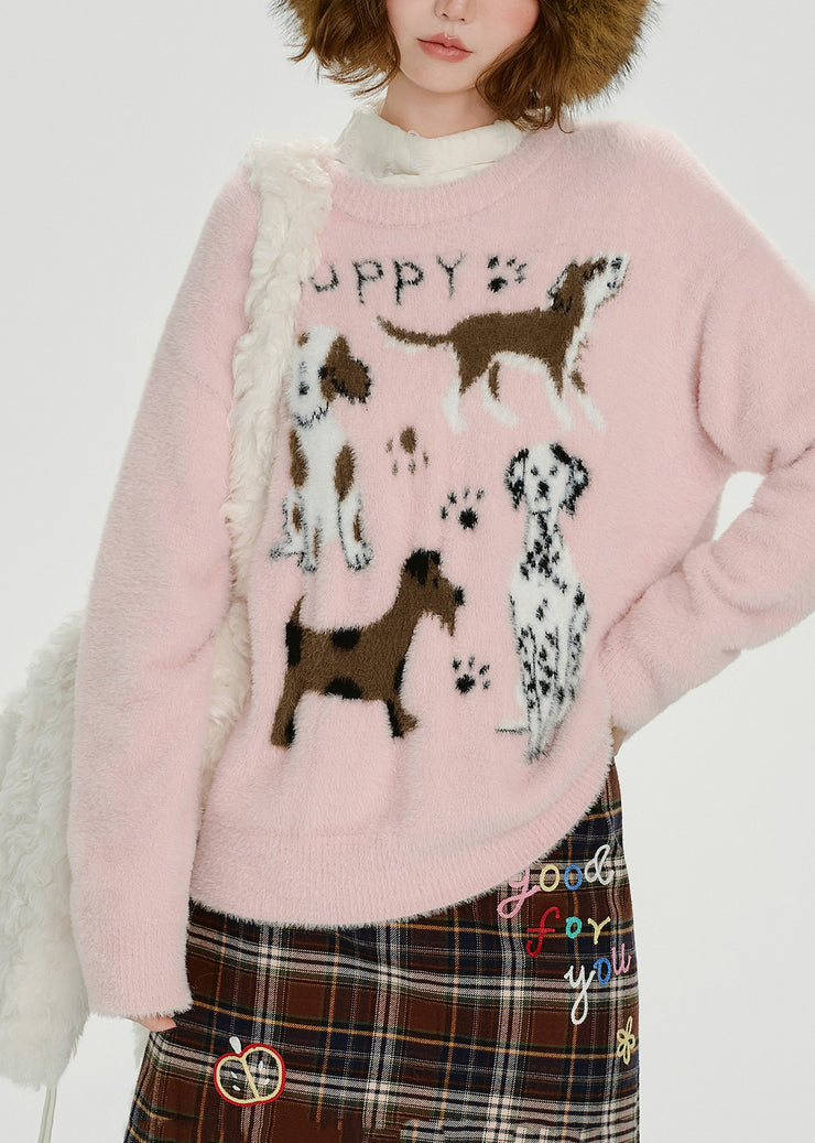 Cozy Pink Cute Puppy Jacquard Knitted Tops Winter