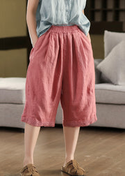 Cozy Pink Pockets Lace Elastic Waist Linen Shorts Summer