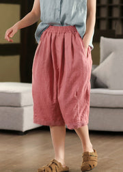 Cozy Pink Pockets Lace Elastic Waist Linen Shorts Summer