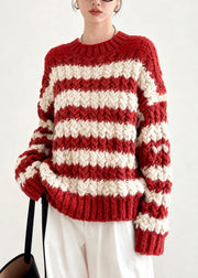 Cozy Red Striped Knitted Tops Chunky Oversized Winter