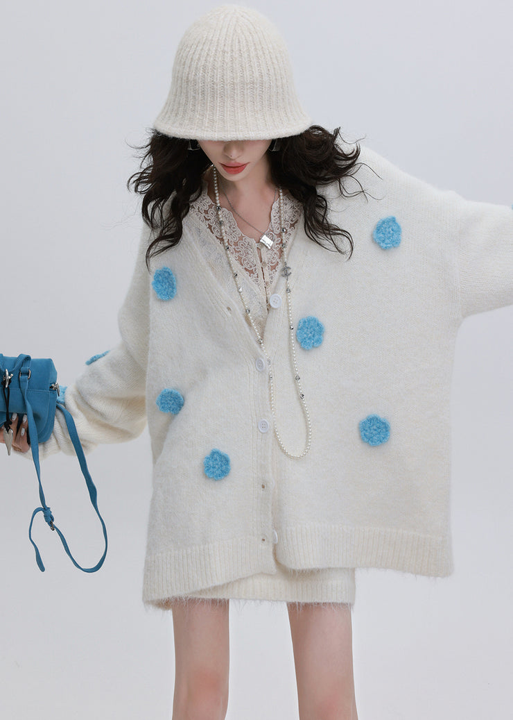 Cozy White Oversized Knit Cardigan Flower Decorated Winter