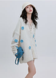 Cozy White Oversized Knit Cardigan Flower Decorated Winter