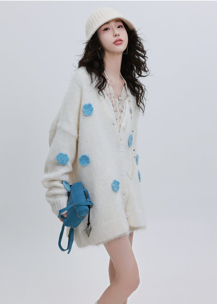 Cozy White Oversized Knit Cardigan Flower Decorated Winter