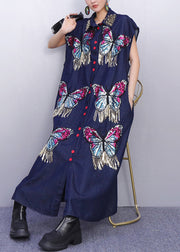 Creative Butterfly Adorned Pockets Denim Maxi Dress