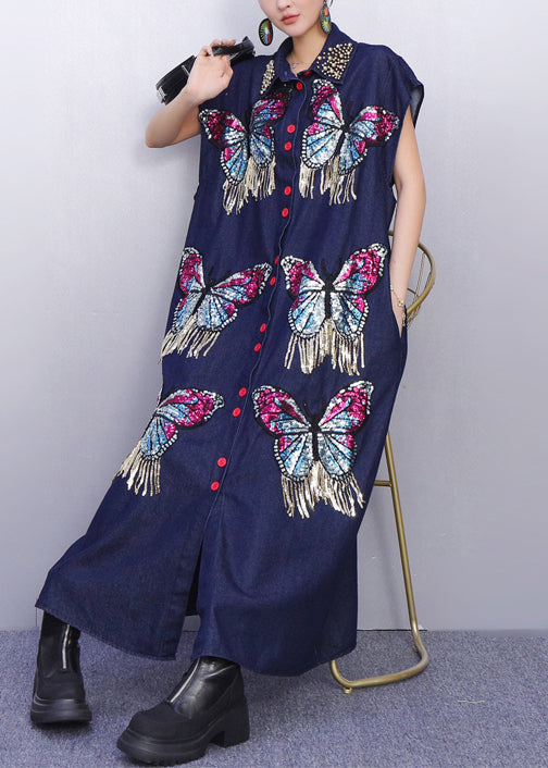 Creative Butterfly Adorned Pockets Denim Maxi Dress