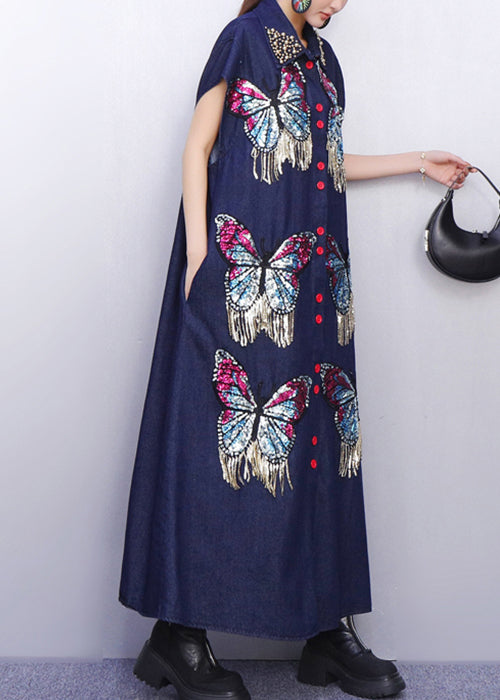 Creative Butterfly Adorned Pockets Denim Maxi Dress