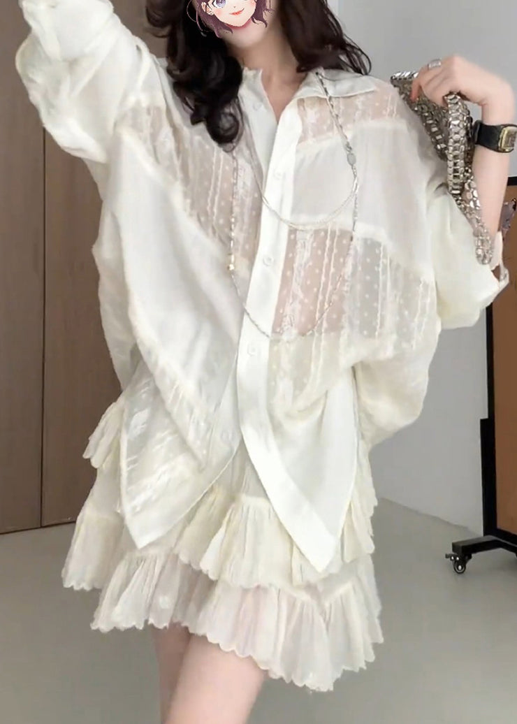 Cute Apricot Embroidered Patchwork Shirt And Skirts Two Pieces Set Fall