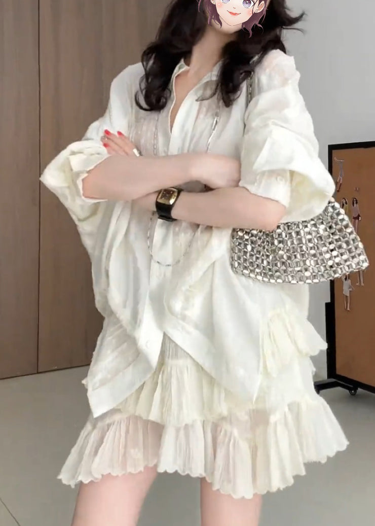 Cute Apricot Embroidered Patchwork Shirt And Skirts Two Pieces Set Fall