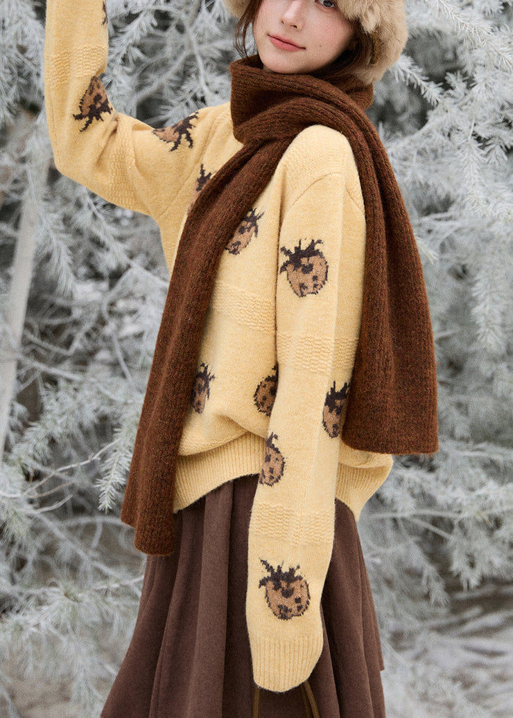 Cute Apricot Print Button Cotton Knit Cardigan Long Sleeve