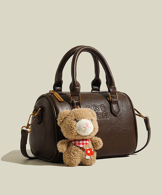 Cute Bear Decorated Solid Durable Faux Leather Tote Handbag