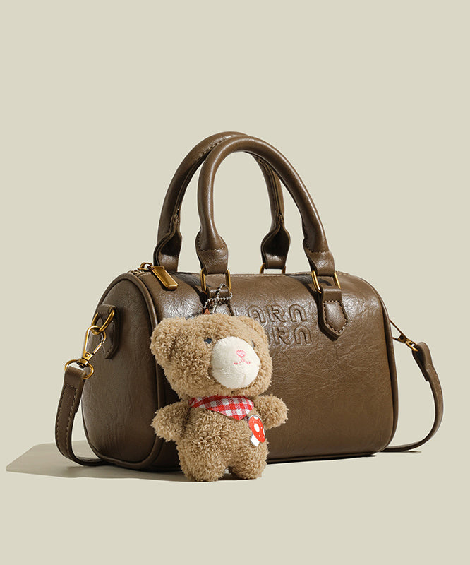 Cute Bear Decorated Solid Durable Faux Leather Tote Handbag