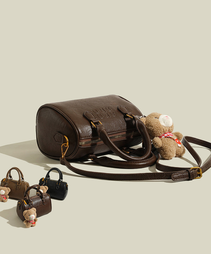 Cute Bear Decorated Solid Durable Faux Leather Tote Handbag