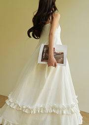 Cute Beige Slash Neck Print Ruffled Patchwork Long Spaghetti Strap Dress Sleeveless