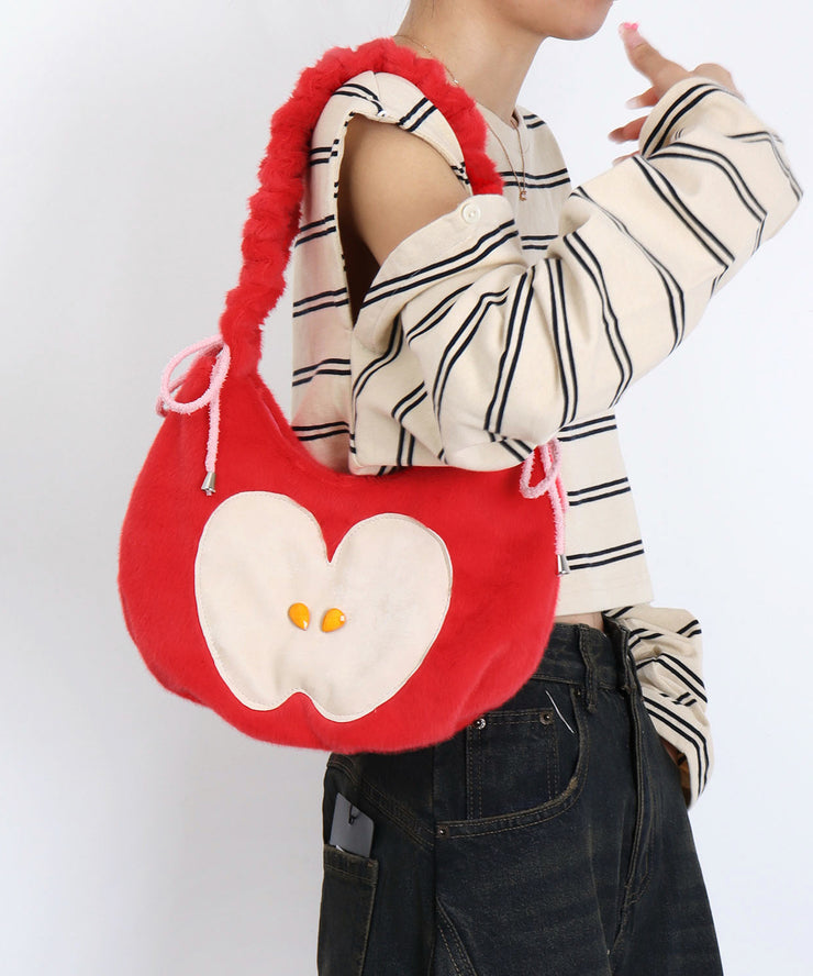 Cute Black Apple Patchwork Fuzzy Fur Fluffy Shoulder Bags