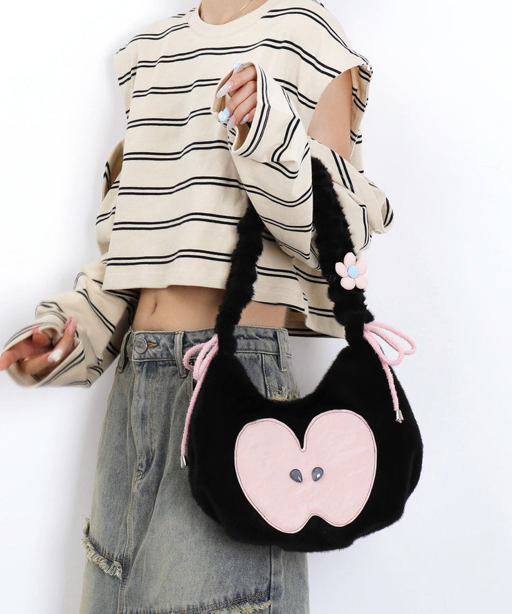 Cute Black Apple Patchwork Fuzzy Fur Fluffy Shoulder Bags