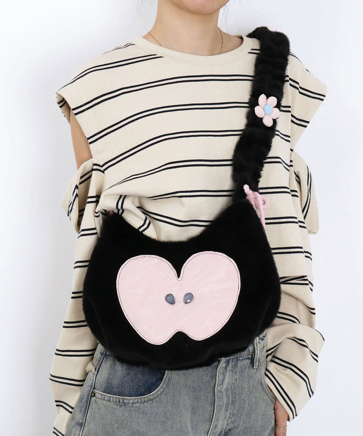 Cute Black Apple Patchwork Fuzzy Fur Fluffy Shoulder Bags