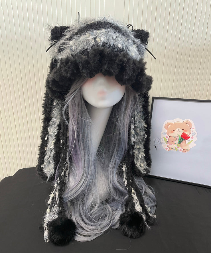 Cute Black Knitted Cozy Thick Warm Fleece Versatile Hat